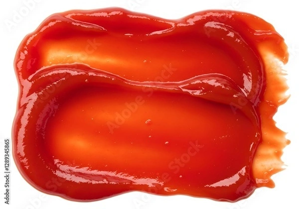 Fototapeta A smear of red ketchup is spread across a white background, showcasing its thick and glossy texture. The tomato-based puree has a rich color and smooth consistency, perfect for culinary use