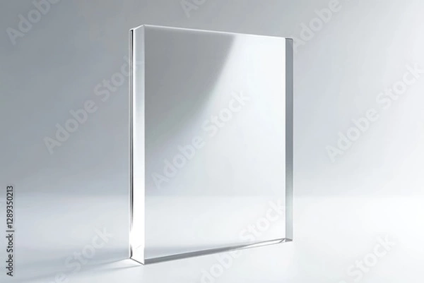 Obraz A transparent, rectangular glass block stands upright against a light gray background.