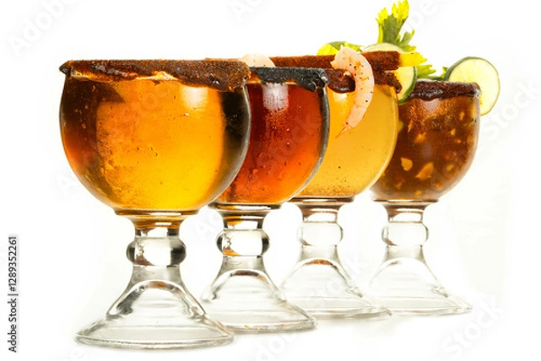 Fototapeta Beer mix with several ingredients, acid stuff on the edges, shrimp, lemon, and avocado