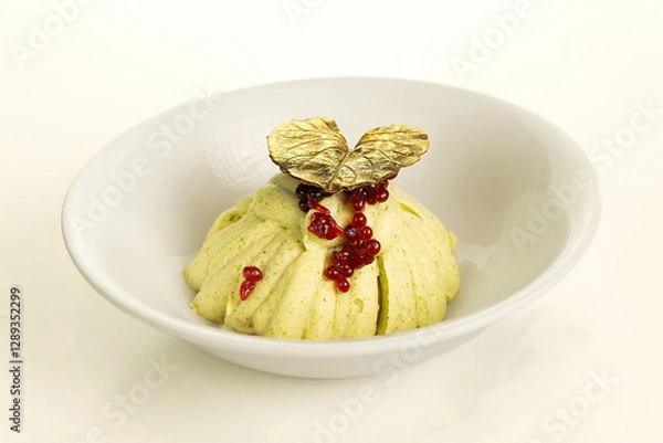 Fototapeta Dessert, muse with one golden leaf on top, and some fruite pulp splashing in the middle
