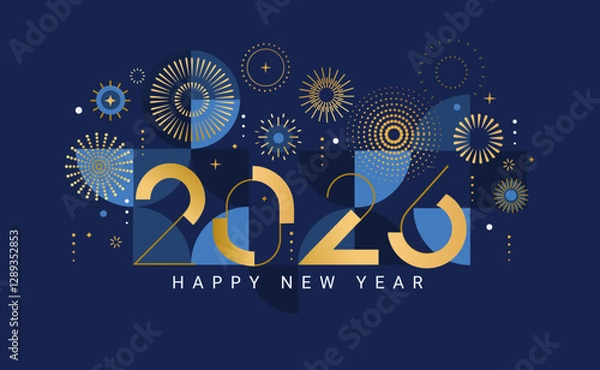 Fototapeta Celebrating 2026 New Year.Elegant card for event with abstract golden fireworks and golden numbers on blue background with geometric pattern.Template for poster,flyer,web.Vector illustration