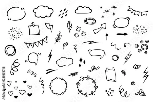 Fototapeta Cute set of different doodles. Vector collection of hand drawn elements: clouds, flags, hearts, lightnings, frames, leaves and others.
