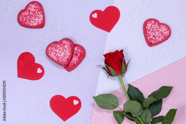 Obraz Heart-shaped cookies and a red rose on the right side.