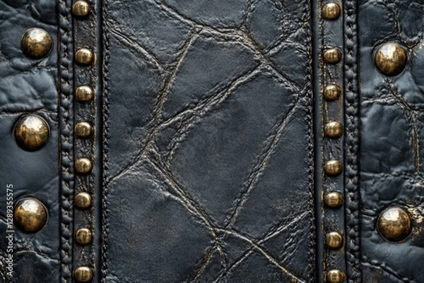 Fototapeta Close-up of black leather material with gold studs forming vertical lines, showcasing a textured and decorative surface
