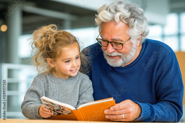 Fototapeta Grandfather and granddaughter looking through a photobook together, sharing memories and family moments, symbolizing love, nostalgia, and generational bonding