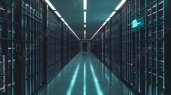 Obraz Futuristic AI Controlled Digital Prison Corridor with Eerie Lighting and Atmosphere