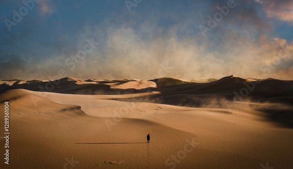 Fototapeta Man lost in desert dunes, 3D animation