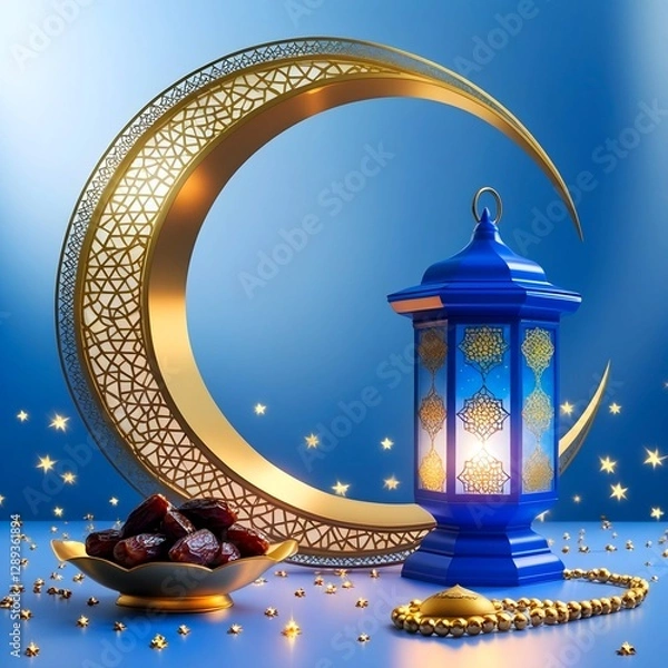 Fototapeta Elegant Ramadan Decoration with Lantern, Crescent Moon, and Dates