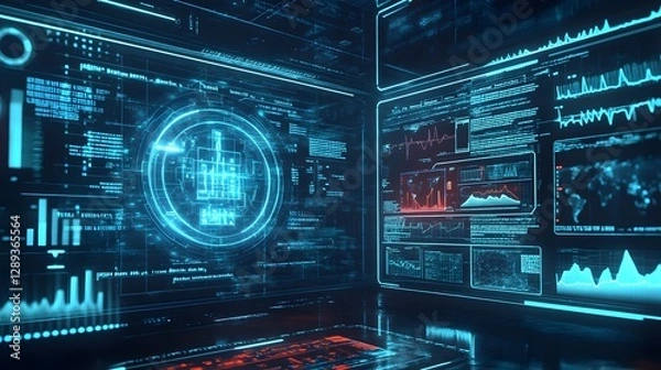 Obraz Futuristic Cyber Security Breach Scenario with Advanced Data Visualization Dashboard