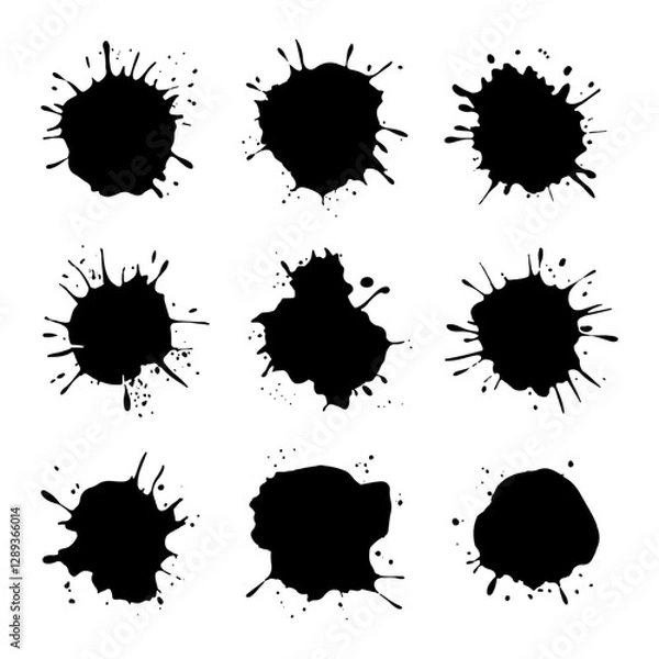 Fototapeta A collection of black ink splashes arranged in a grid-like structure with rough textures.