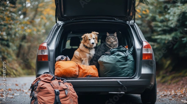 Fototapeta Family Parked at a Rest Stop with a Dog and Cat Sitting in the Open Car Trunk, Surrounded by Weekend Trip Gear, Capturing the Essence of Family Adventures and Togetherness