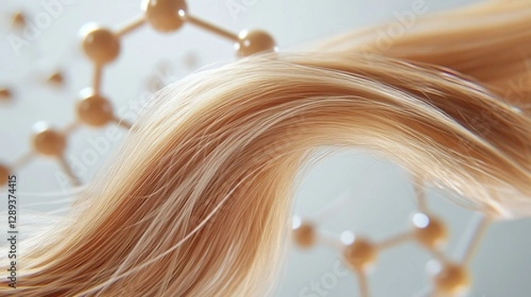 Fototapeta Blond hair lock flowing through abstract molecules structure on white background