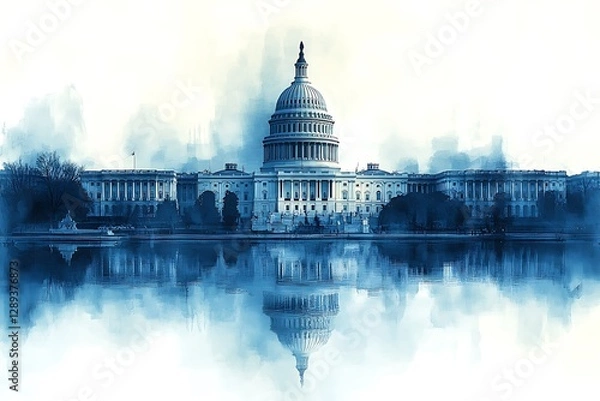 Fototapeta Watercolor-style depiction of the US Capitol Building reflected on the water