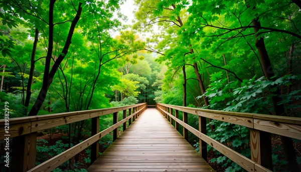 Fototapeta Lush wooden boardwalk path through vibrant rainforest, nature serenity, forest path