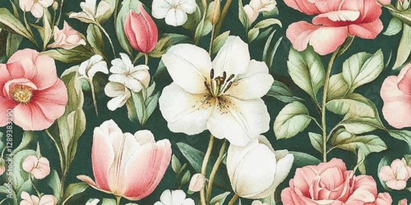 Fototapeta Elegant floral seamless pattern with lily and tulips. Romantic botanical repeat background for spring design, fabric, textiles, packaging, wallpapers, invitations, and branding