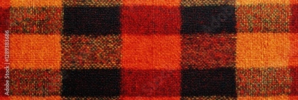 Obraz Close Up Detailed View Of Red Orange And Black Plaid Fabric Texture Seamless Pattern Background