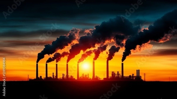 Fototapeta Silhouette of industrial smokestacks emitting thick smoke against a dramatic sunset sky with vibrant colors