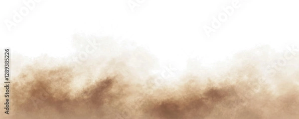 Fototapeta Dust sand soil smoke cloud particles isolated on transparent white background. Brown sandstorm smog sand dust explosion rising. Design elements for Compositing, covering, overlay, PNG