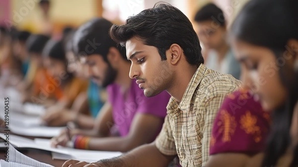 Fototapeta Indian students sitting in rows in an exam hall, concentrating on their papers, with a focus on the seriousness and discipline during examinations.