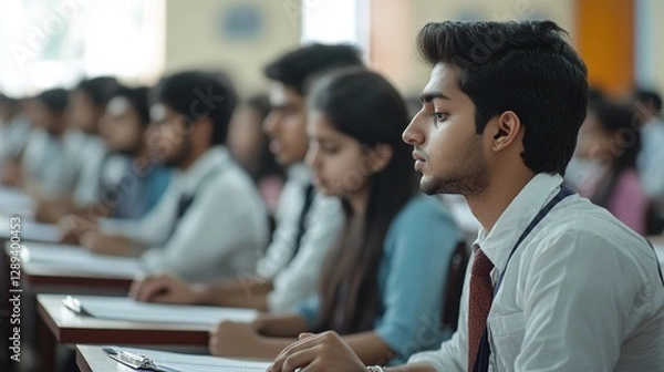 Fototapeta Indian students sitting in rows in an exam hall, concentrating on their papers, with a focus on the seriousness and discipline during examinations.