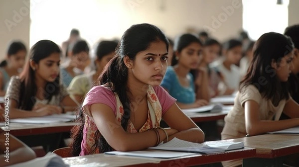 Fototapeta Indian students sitting in rows in an exam hall, concentrating on their papers, with a focus on the seriousness and discipline during examinations.