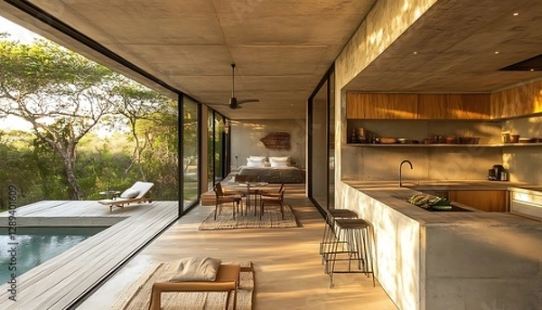 Fototapeta Modern Concrete Cabin with Pool View