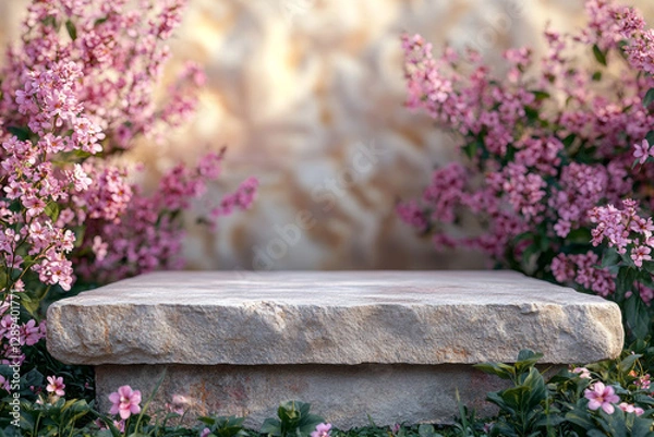 Fototapeta Empty rock podium with pink flowers for product placement with magical forest in the background with sun rays and mist creating a dreamy atmosphere