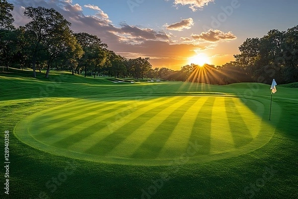 Fototapeta Pristine Golf Course at Sunset with Dramatic Light