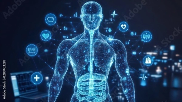 Fototapeta Model of a human body with blue glowing healthcare icons around created with Generative AI