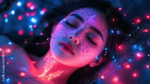 Fototapeta Soft neon lights cast vibrant hues over a serene woman's face as she sleeps, creating an ethereal and dreamlike atmosphere.