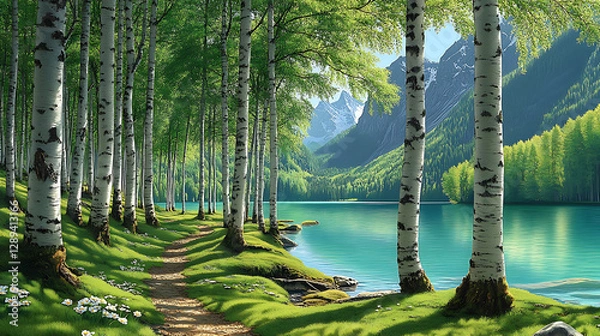 Fototapeta Sunny landscape of a birch forest with greenery and sunlight streaming through the trees. Lake