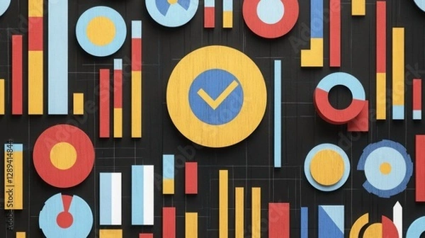 Fototapeta Colorful geometric shapes and patterns in vibrant hues create an abstract modern artwork with circular and rectangular designs on a dark background