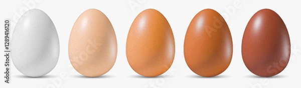 Fototapeta Set of realistic 3d vector egg in row, showcasing various colors from white to dark brown. Chicken different whole eggs for food design, packaging or educational materials isolated on white background