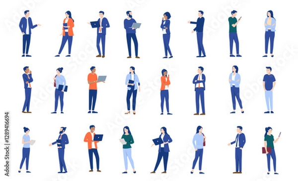 Obraz Vector businesspeople characters collection - Set or group of people working in office with computers standing and talking in various poses. Flat design illustration graphic elements