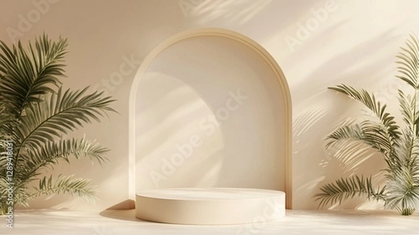 Fototapeta A neutral palm frond themed minimalistic stage for showcasing products