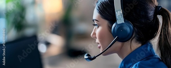 Fototapeta A focused professional with a headset working in a customer support role