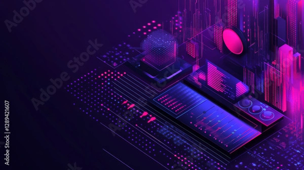 Fototapeta Isometric neon music banner with a graphic equalizer, data visualization elements, and a gradient ultraviolet vector illustration