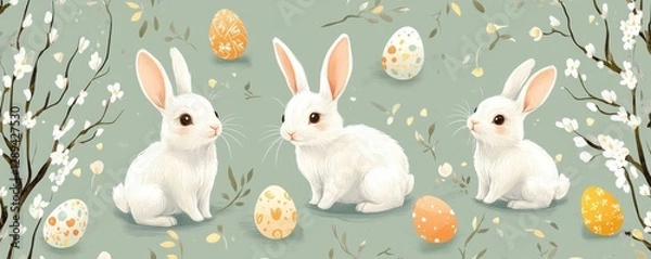Fototapeta Adorable Pattern with Cute White Bunnies and Colorful Easter Eggs