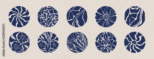Fototapeta Abstract organic flower elements art set. Flowers and leaves minimal groovy shapes, botanical floral decorative collage modern naive style. Vector retro 70s collection