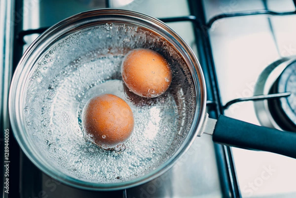 Fototapeta Saucepan stainless steel with two boiling eggs breakfast in a water on a gas stove top view.