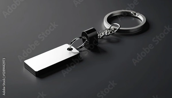 Fototapeta Silver key chain with a minimalist and modern design. Two blank rectangular pendants offer room for personalization. Perfect for a gift or everyday accessory