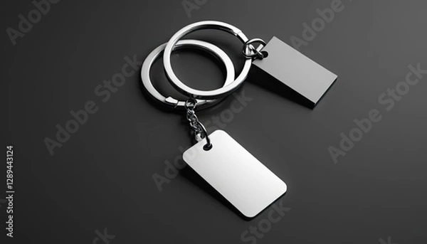 Fototapeta Silver key chain with a minimalist and modern design. Two blank rectangular pendants offer room for personalization. Perfect for a gift or everyday accessory