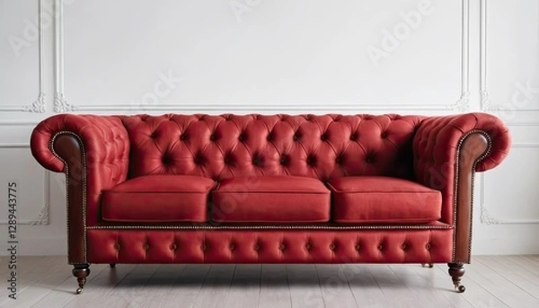 Fototapeta 3 seater Chesterfield sofa in luxurious red velvet. Iconic design with deep tufted buttons and elegant curved armrests. Perfect for classic or contemporary living rooms looking for a touch of glamour