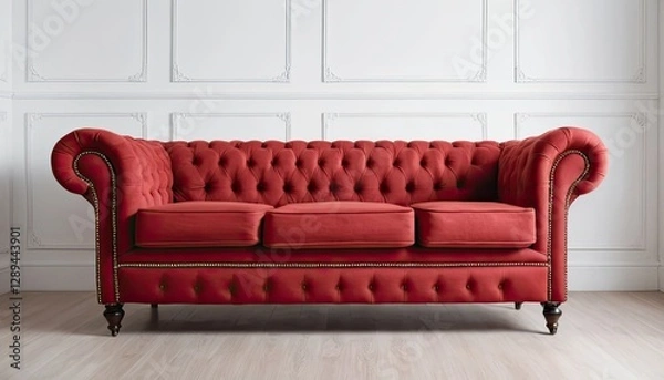 Fototapeta 3 seater Chesterfield sofa in luxurious red velvet. Iconic design with deep tufted buttons and elegant curved armrests. Perfect for classic or contemporary living rooms looking for a touch of glamour
