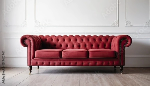 Fototapeta 3 seater Chesterfield sofa in luxurious red velvet. Iconic design with deep tufted buttons and elegant curved armrests. Perfect for classic or contemporary living rooms looking for a touch of glamour