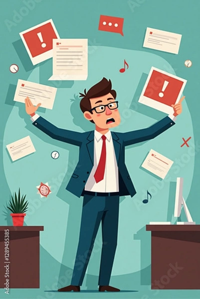 Fototapeta Businessman Escaping Annoying Notifications, Alerts and Pop-Ups, Overwhelmed by Digital Distractions in Office