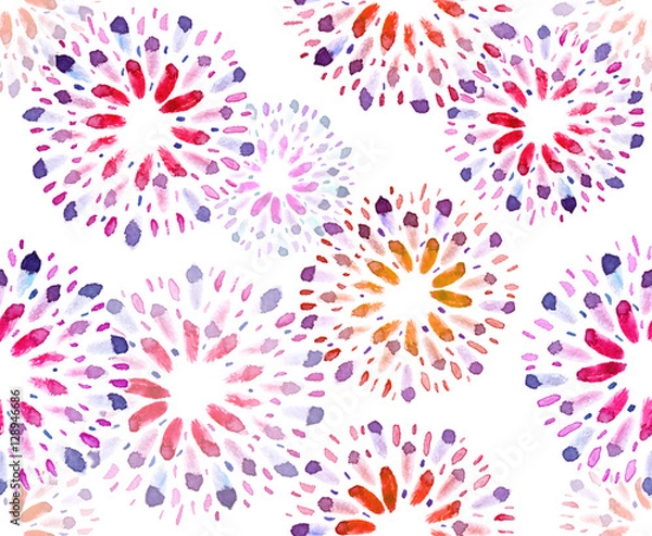 Fototapeta Seamless pattern with abstract pink, purple and yellow circles painted in watercolor on white isolated background