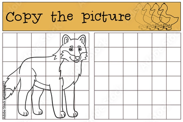 Obraz Educational game: Copy the picture. Cute beautiful wolf smiles.