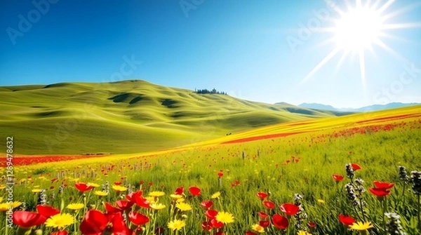 Fototapeta Picturesque rolling farmland with vibrant wildflowers under bright sunshine capturing a scenic countryside environment