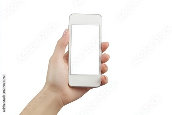 Fototapeta Hand holding smartphone on white background for modern communication - Close-up of a hand holding a smartphone with a blank screen symbolizing technology, connection, communication, innovation